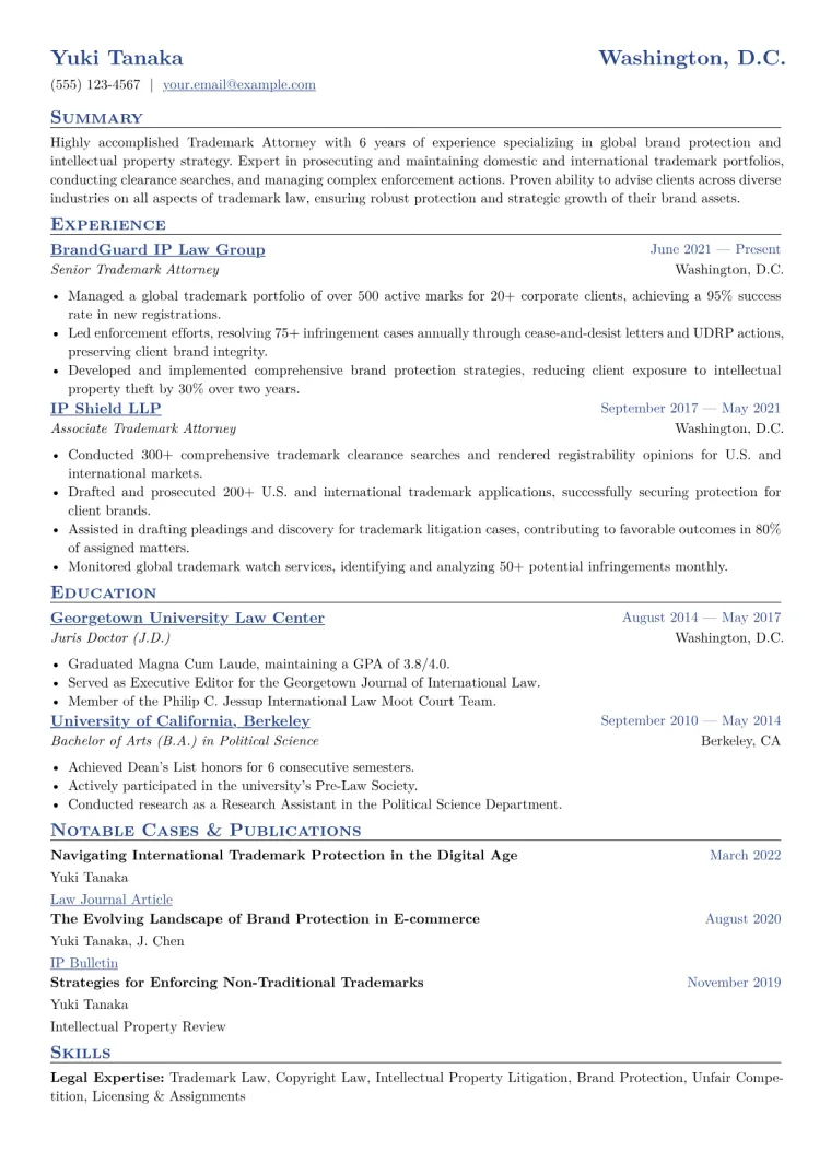 Trademark Attorney Resume Example CV template preview