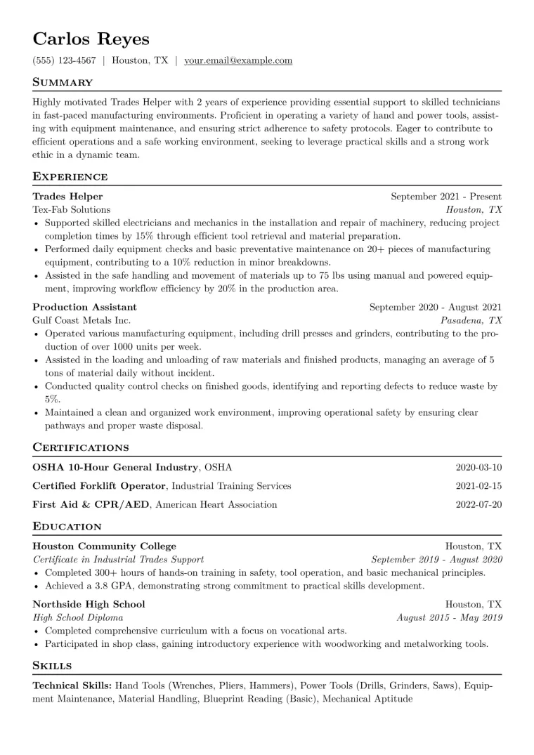 Trades Helper Resume Example CV template preview
