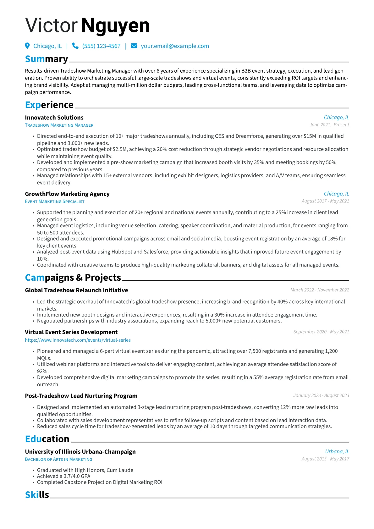 Tradeshow Marketing Manager Resume Example CV template - Page 1