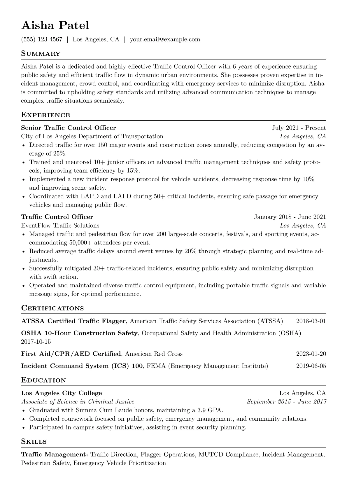 Traffic Control Officer Resume Example CV template - Page 1