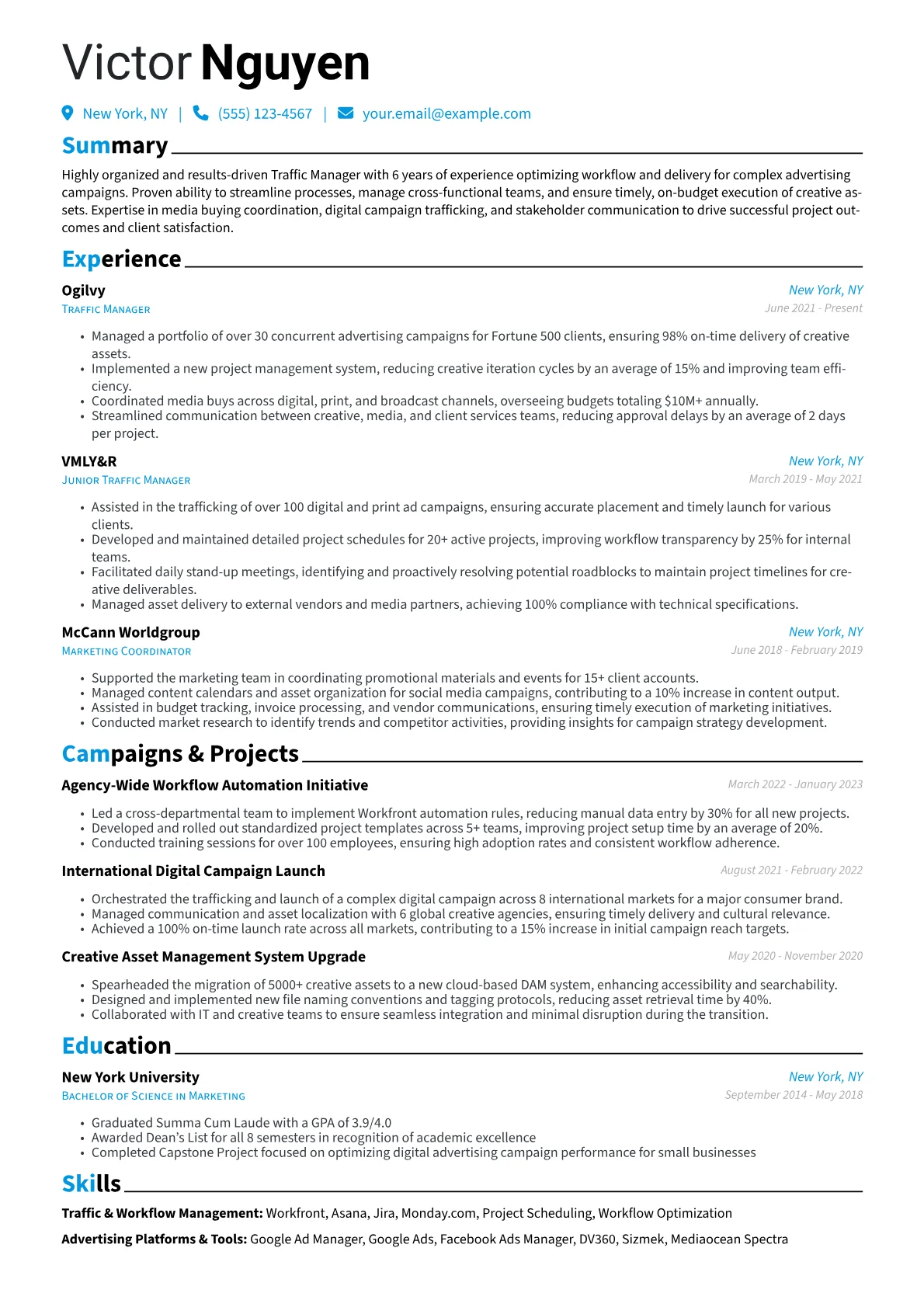 Traffic Manager Advertising Resume Example CV template - Page 1