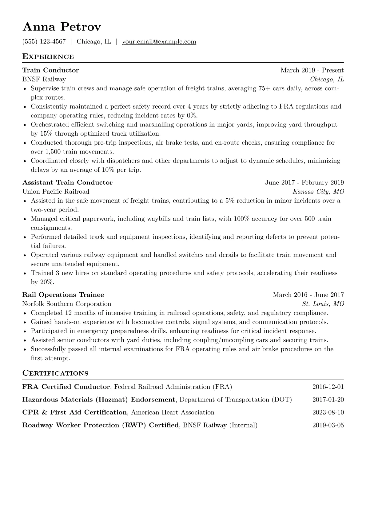 Train Conductor Resume Example CV template - Page 1