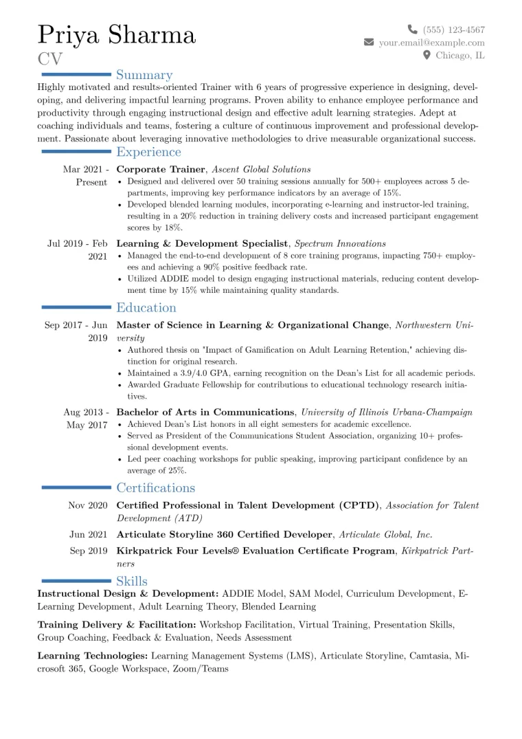 Trainer Resume Example CV template preview