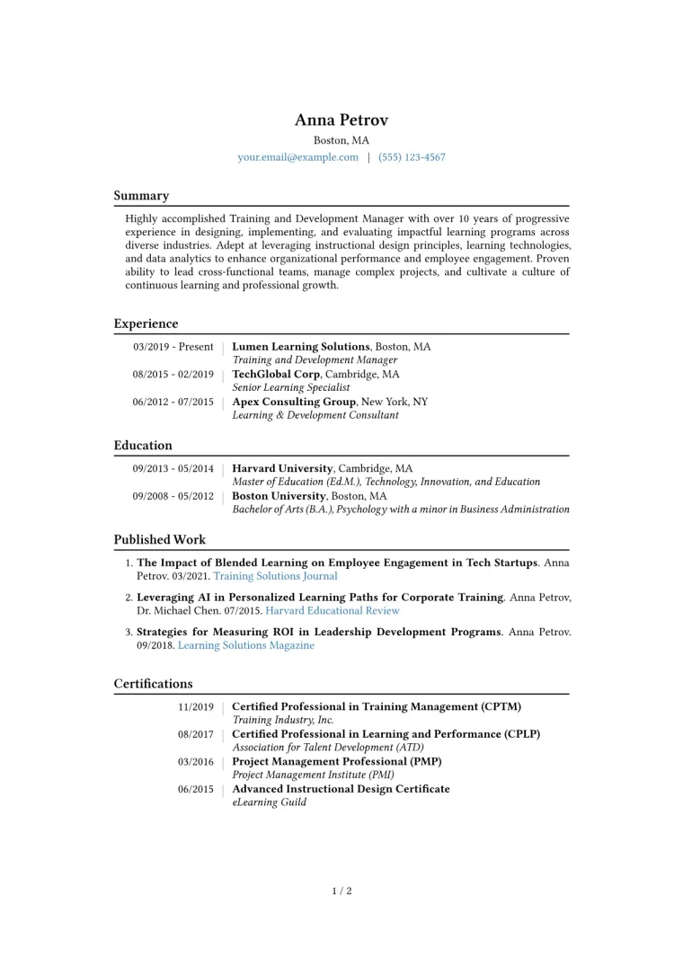 Training and Development Manager Resume Example CV template preview