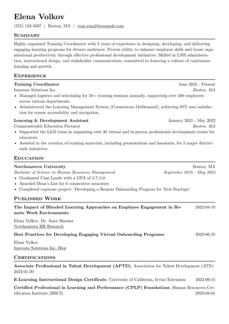 Training Coordinator Resume Example CV template preview