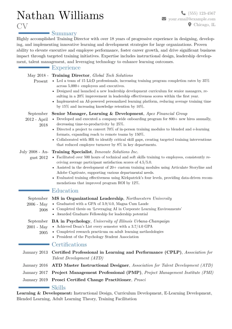 Training Director Resume Example CV template preview