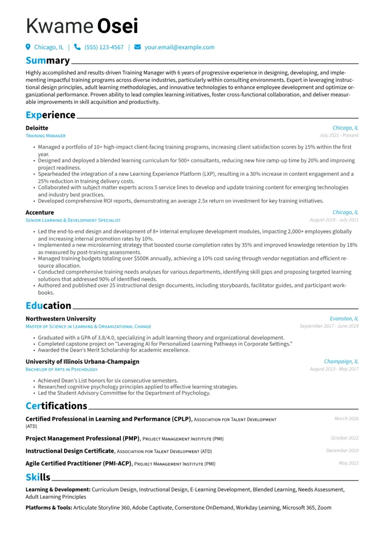 Training Manager Resume Example