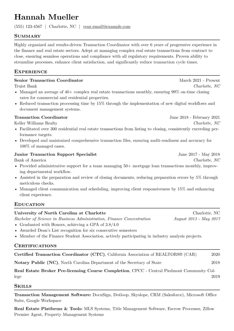 Transaction Coordinator Resume Example CV template preview