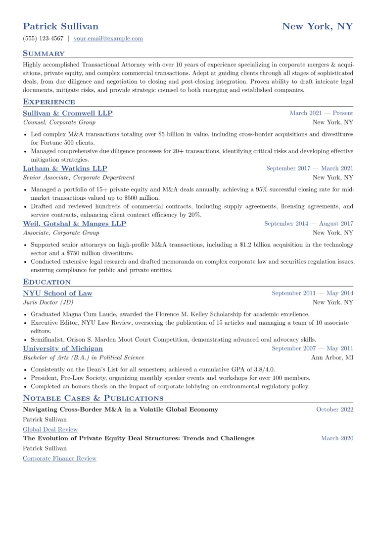Transactional Attorney Resume Example CV template preview