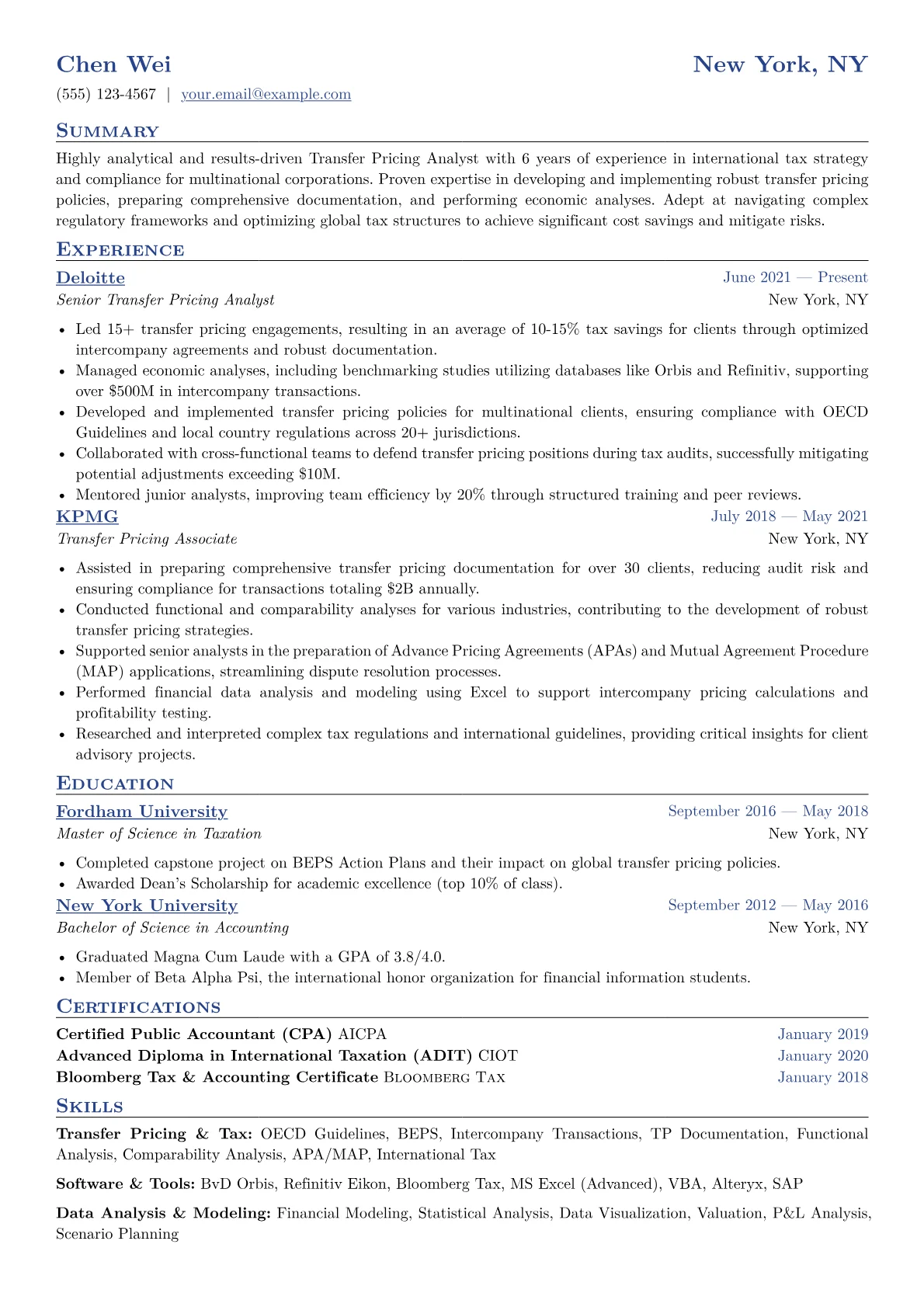 Transfer Pricing Analyst Resume Example CV template - Page 1