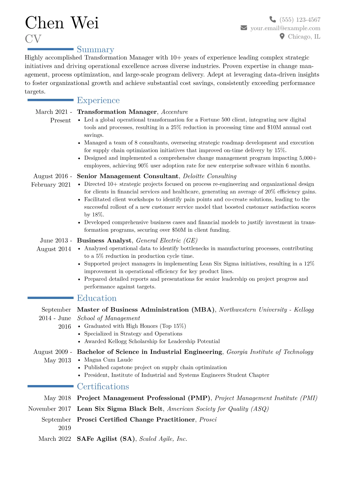 Transformation Manager Resume Example CV template - Page 1