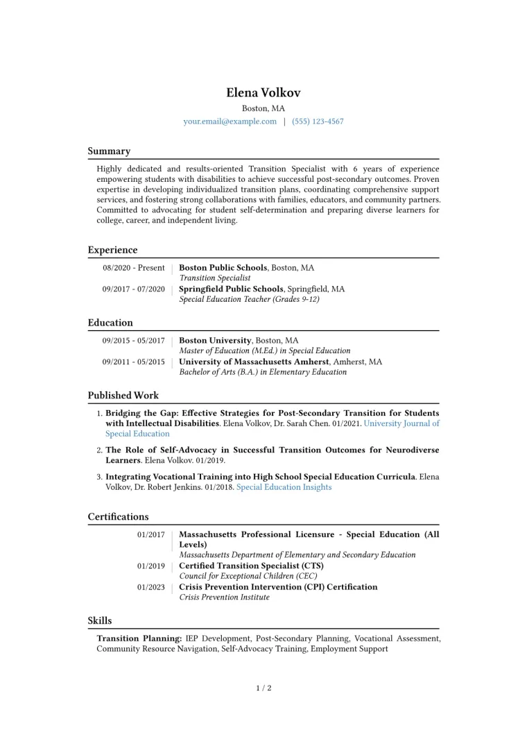 Transition Specialist Resume Example CV template preview