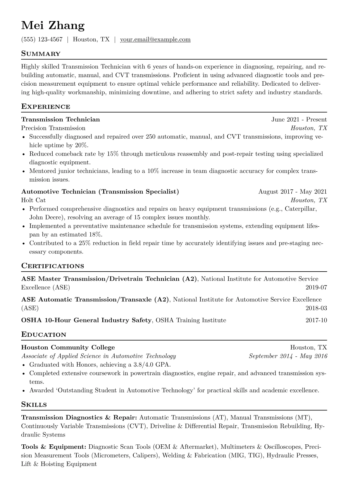 Transmission Technician Resume Example CV template - Page 1