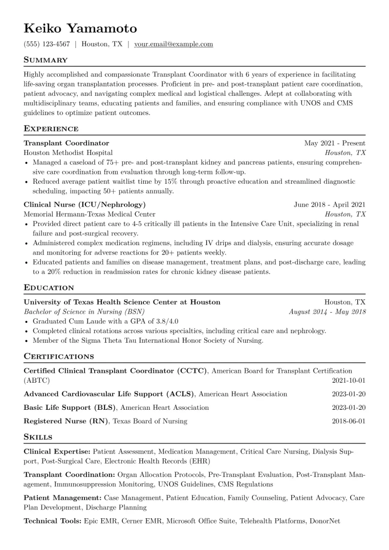Transplant Coordinator Resume Example CV template preview