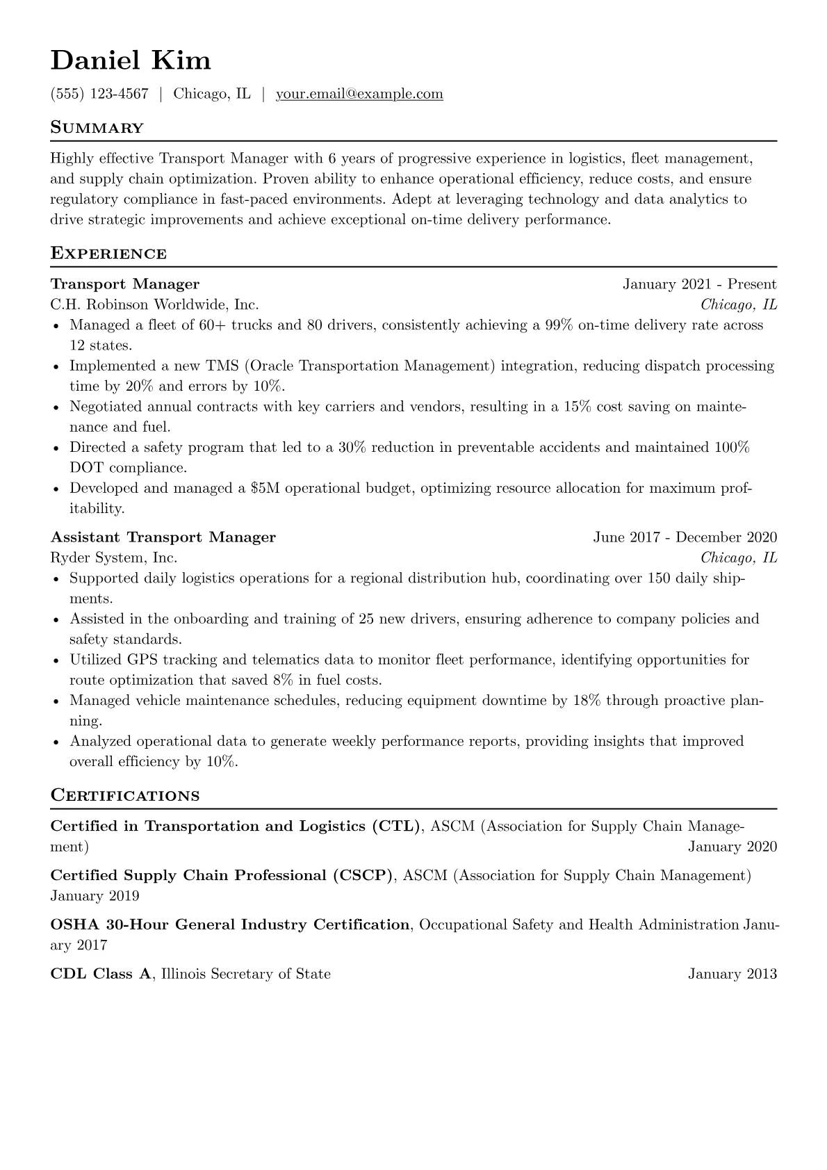 Transport Manager Resume Example CV template - Page 1