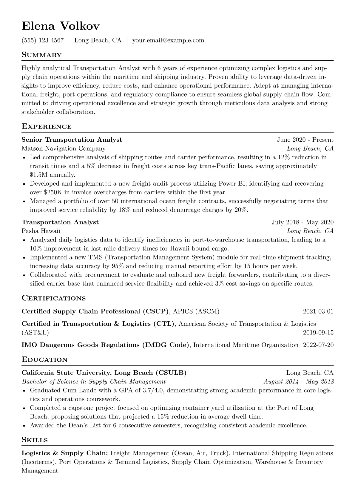 Transportation Analyst Resume Example CV template - Page 1