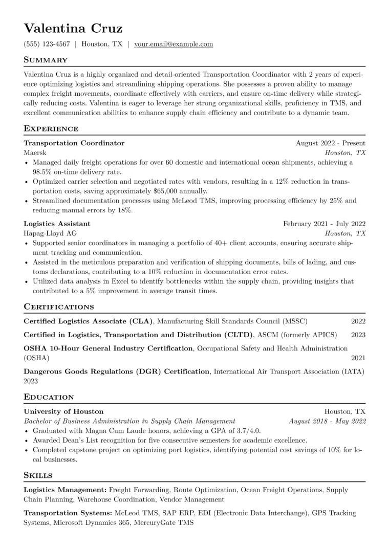 Transportation Coordinator Resume Example CV template preview