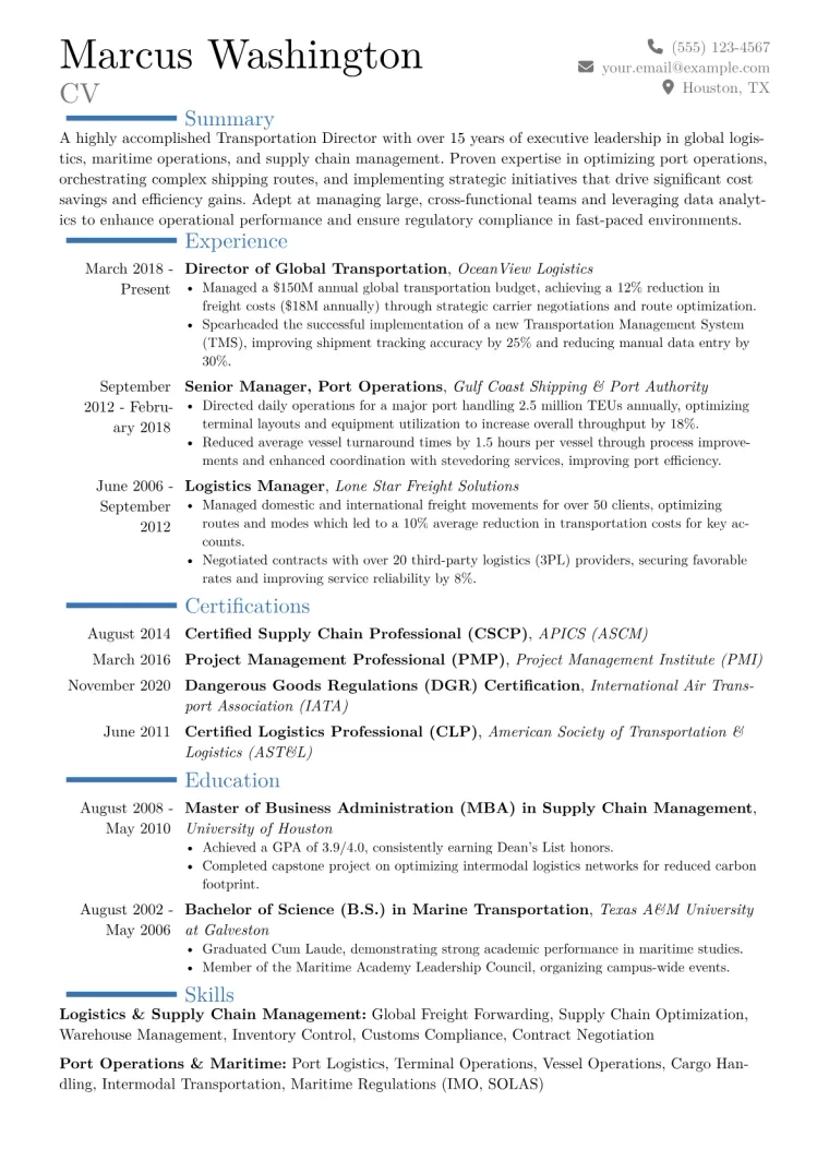 Transportation Director Resume Example CV template preview