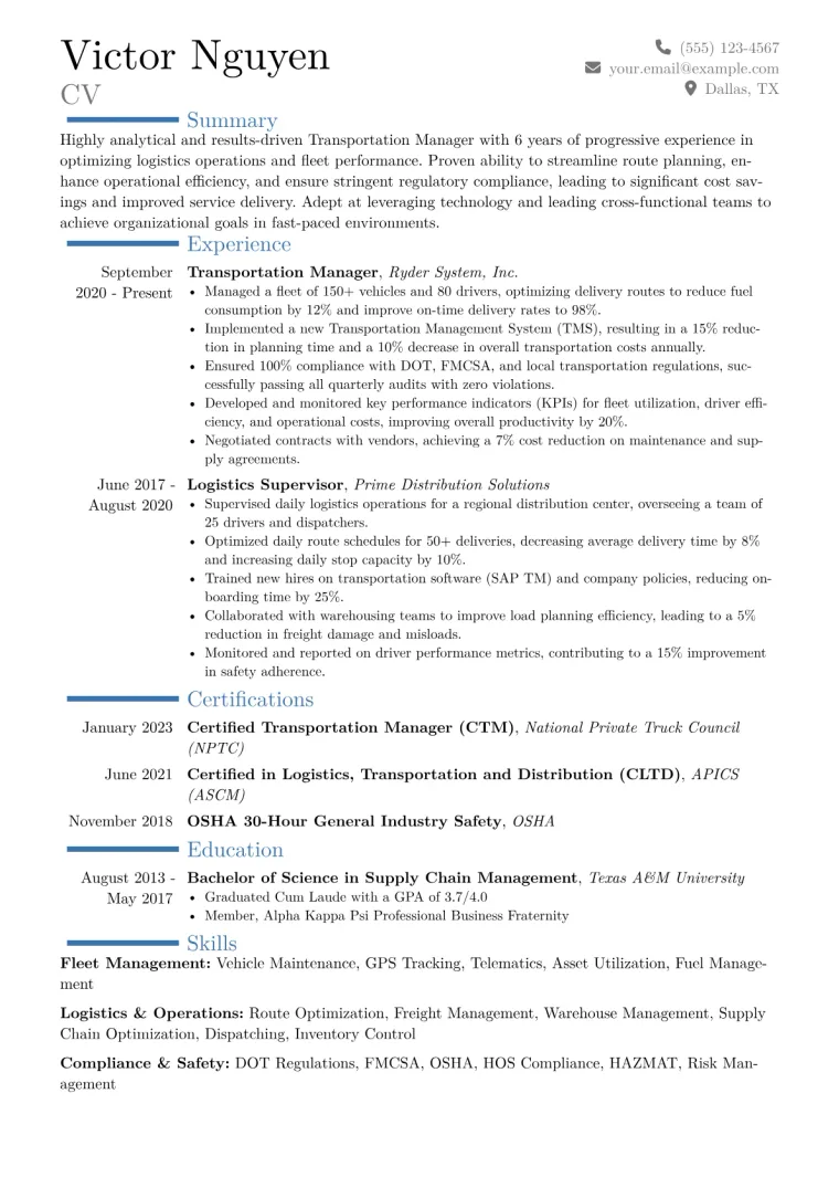 Transportation Manager Resume Example CV template preview