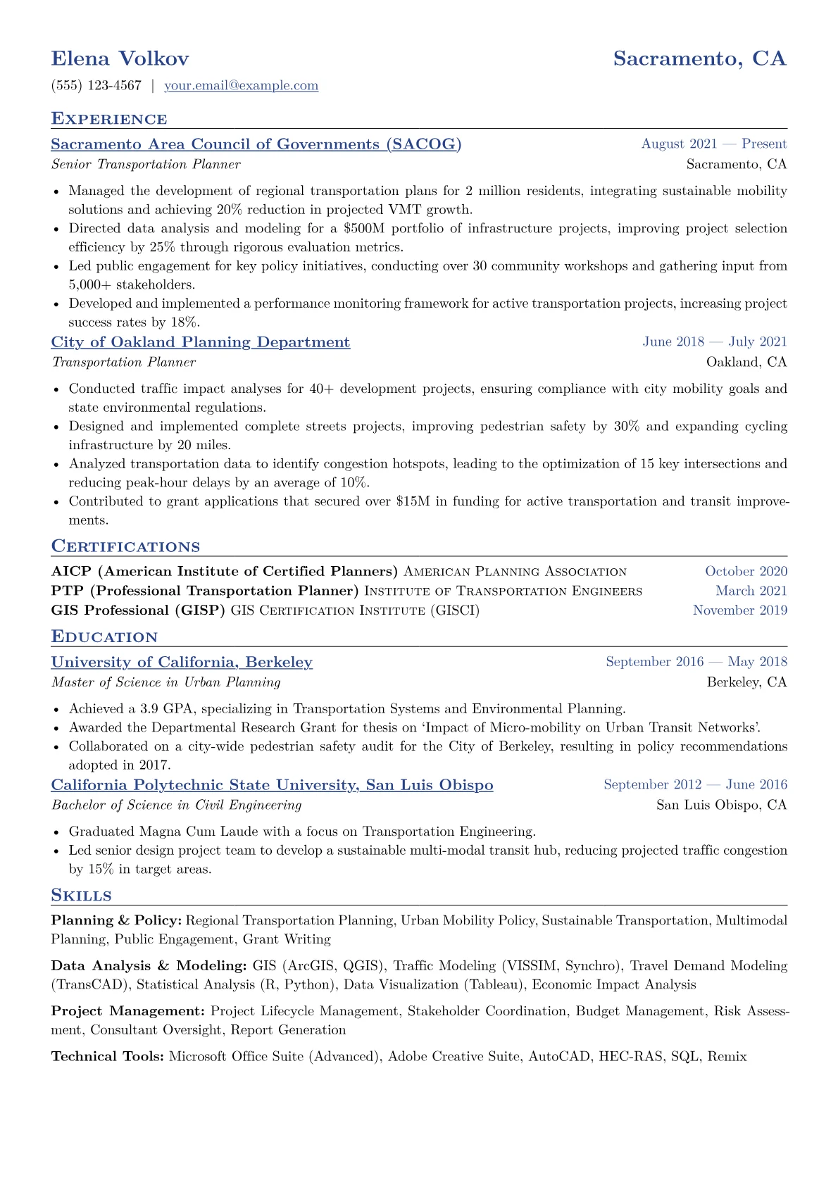 Transportation Planner Resume Example CV template - Page 1