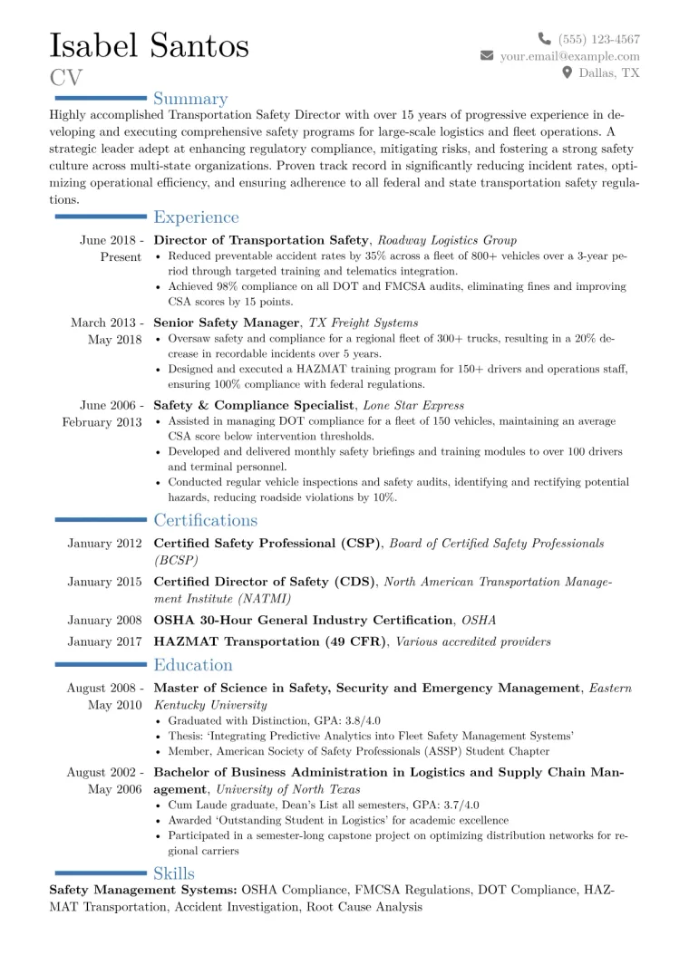 Transportation Safety Director Resume Example CV template preview