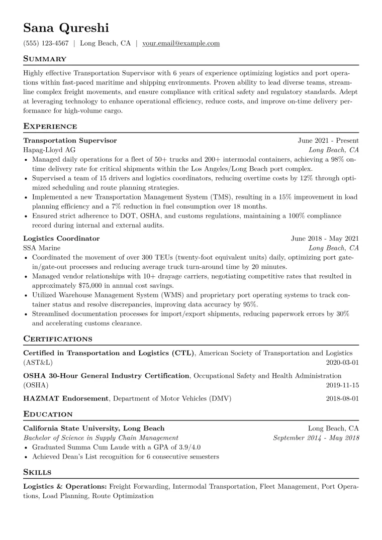 Transportation Supervisor Resume Example CV template preview