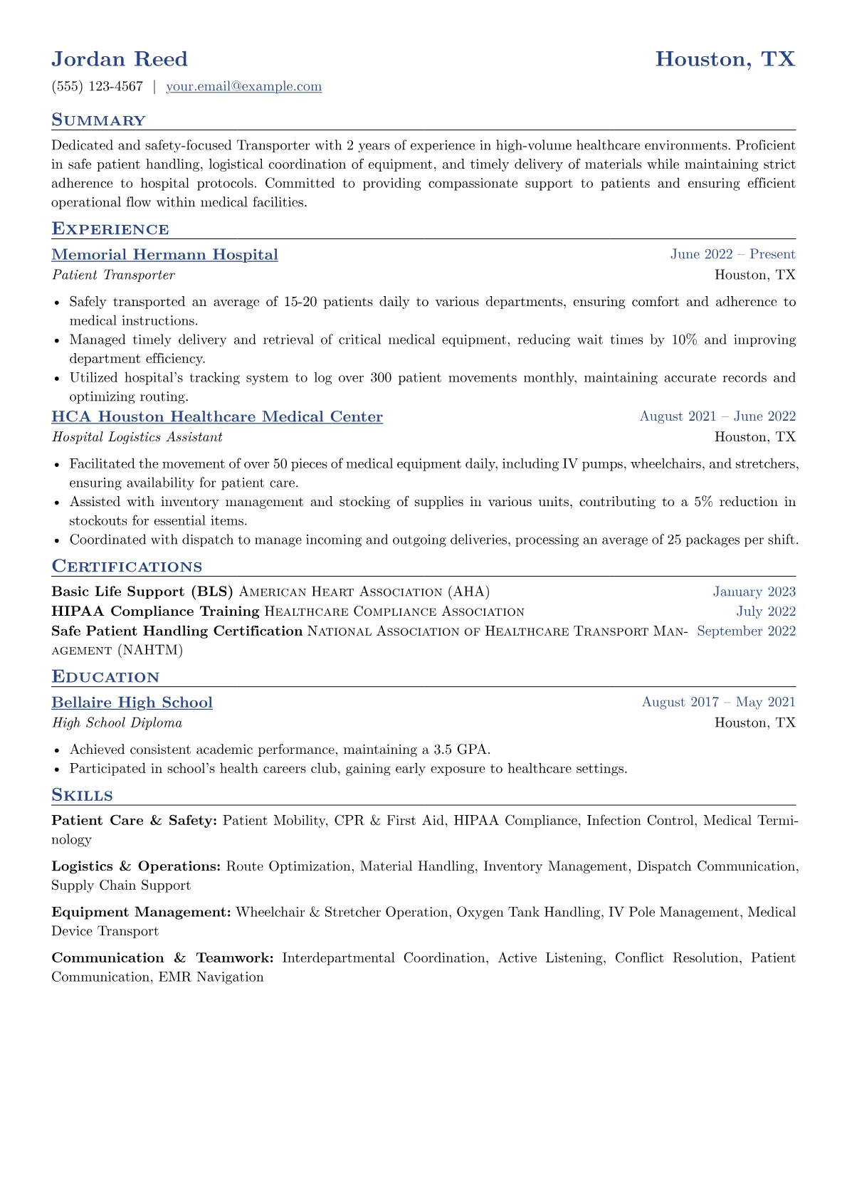 Transporter Resume Example CV template - Page 1