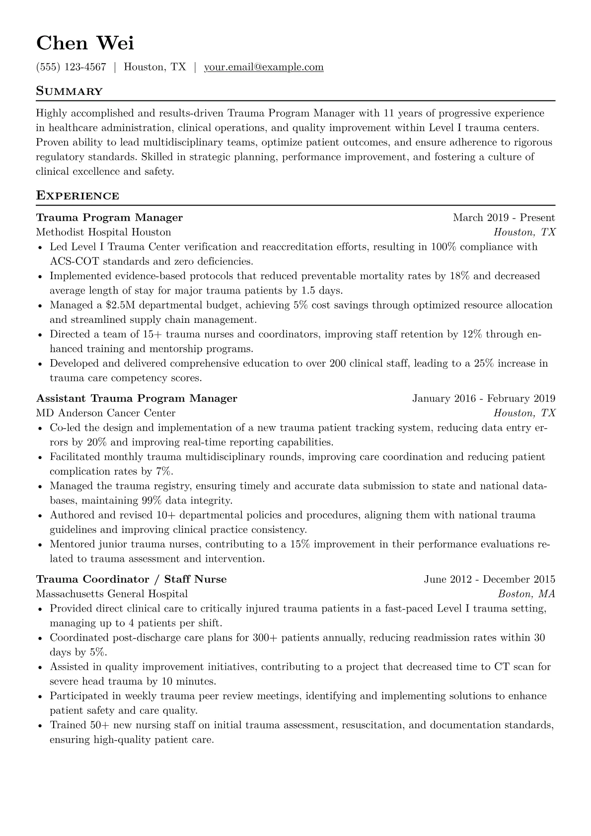 Trauma Program Manager Resume Example CV template - Page 1