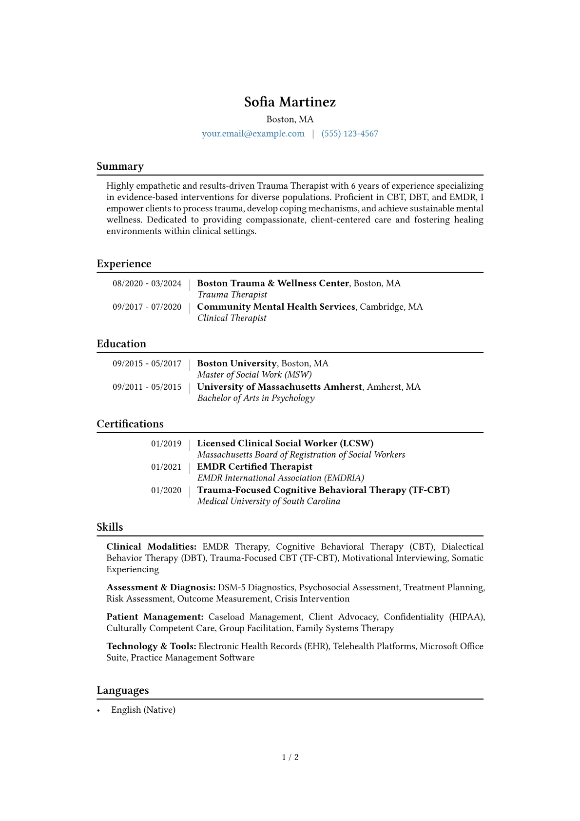 Trauma Therapist Resume Example CV template - Page 1