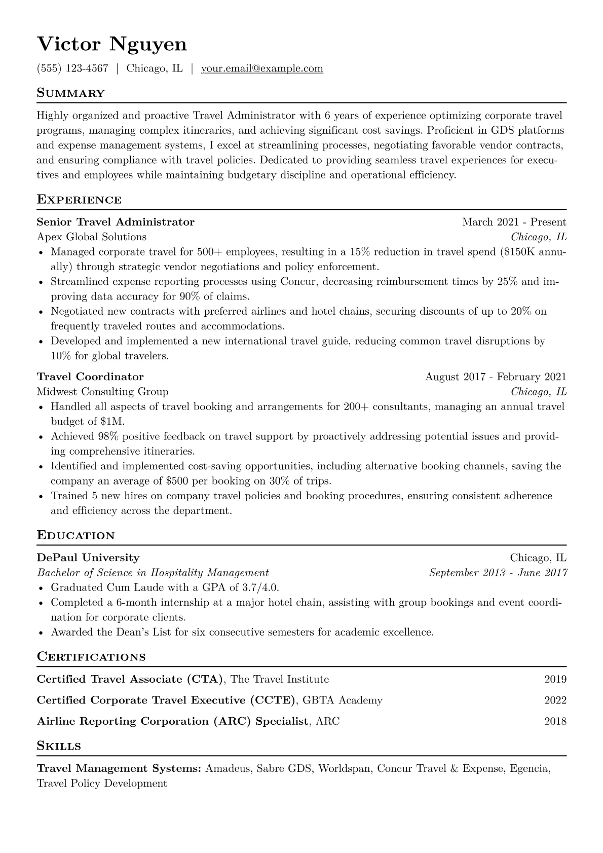Travel Administrator Resume Example CV template - Page 1