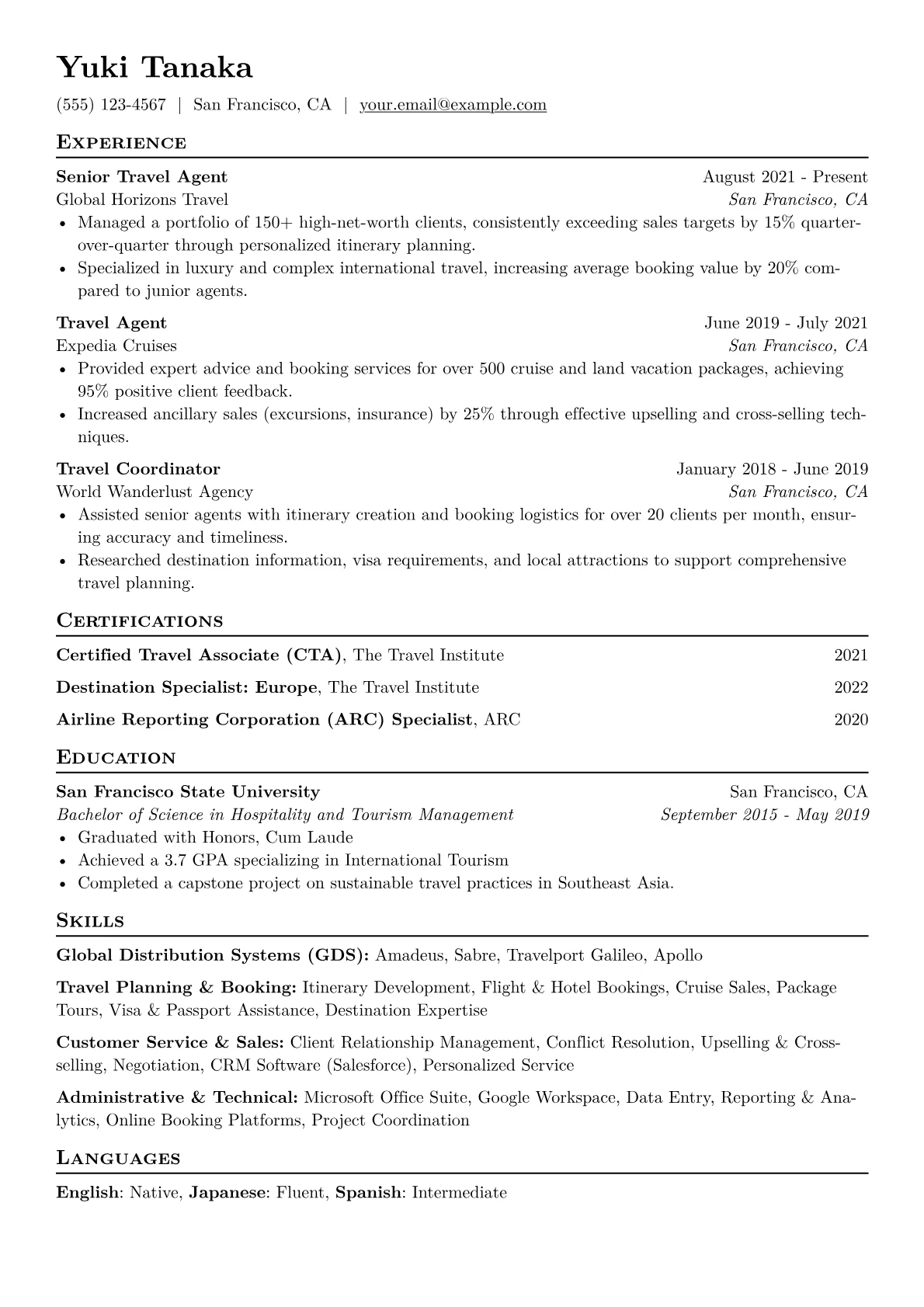 Travel Agent Resume Example CV template - Page 1