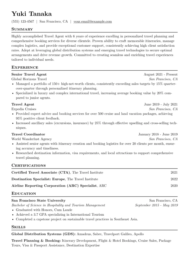 Travel Agent Resume Example