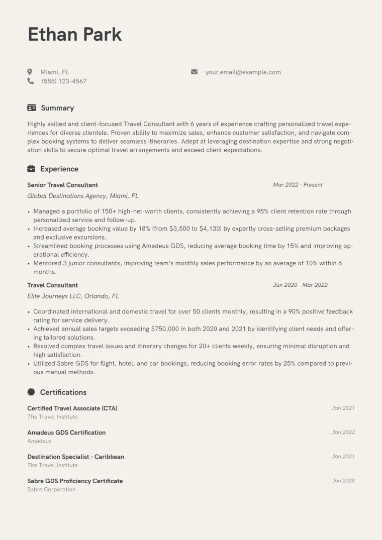 Travel Consultant Resume Example CV template preview
