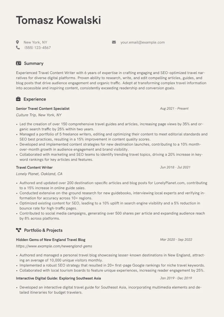 Travel Content Writer Resume Example CV template preview