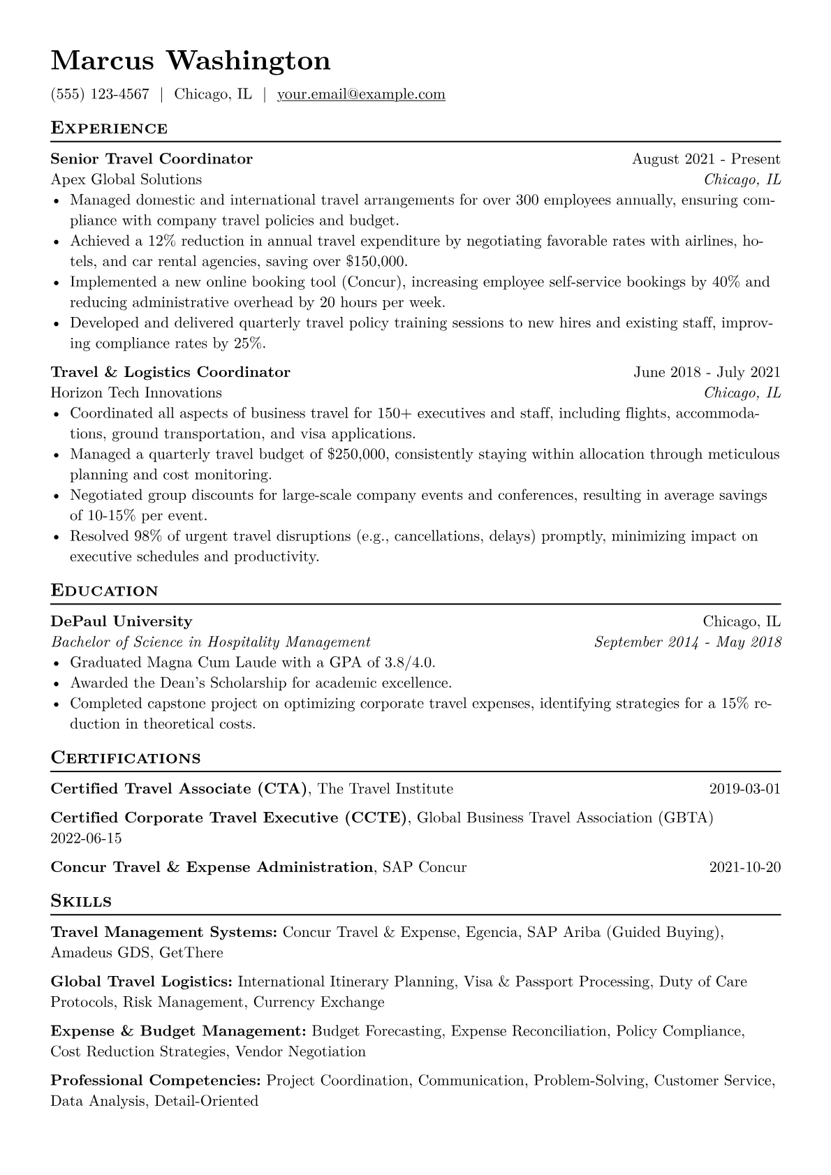 Travel Coordinator Resume Example CV template - Page 1