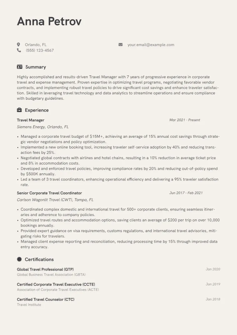 Travel Manager Resume Example CV template preview