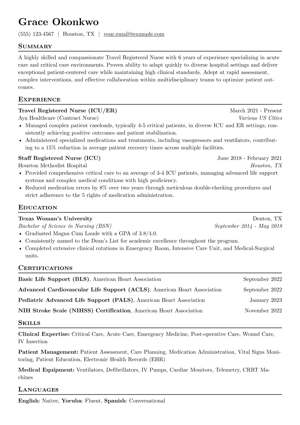 Travel Registered Nurse Resume Example CV template - Page 1