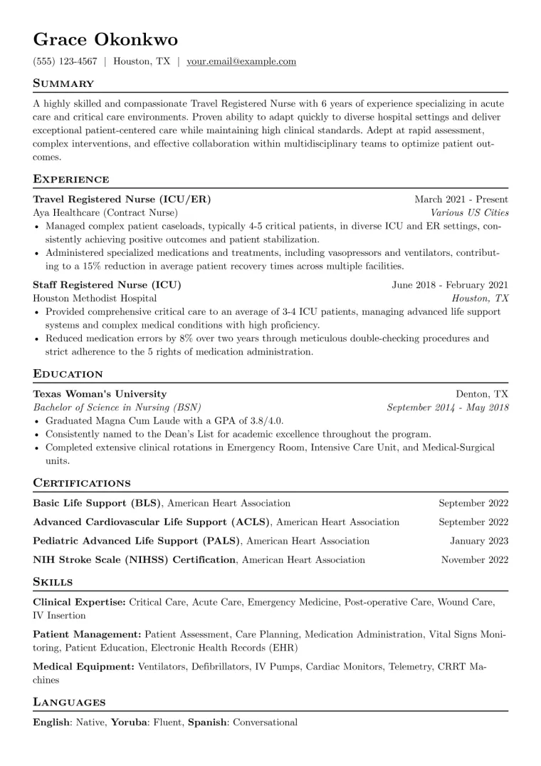 Travel Registered Nurse Resume Example CV template preview