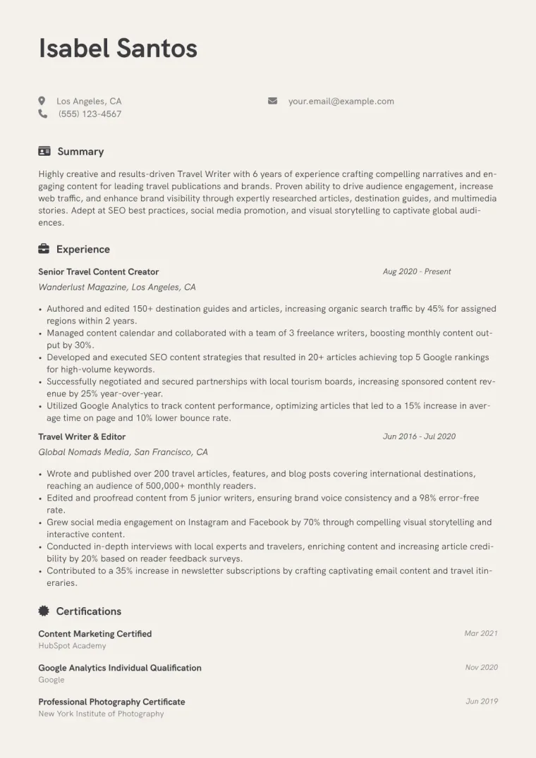 Travel Writer Resume Example CV template preview