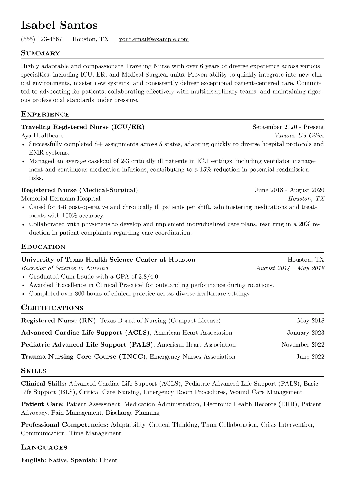 Traveling Nurse Resume Example CV template - Page 1