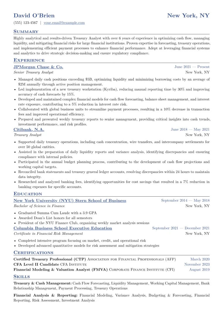 Treasury Analyst Resume Example CV template preview
