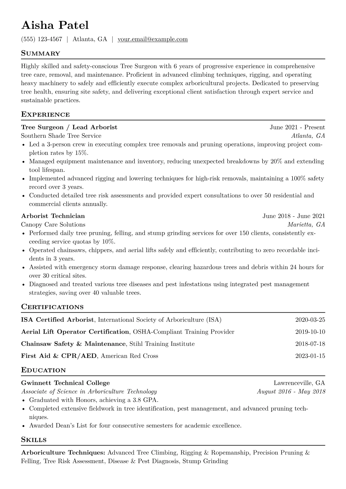 Tree Surgeon Resume Example CV template - Page 1
