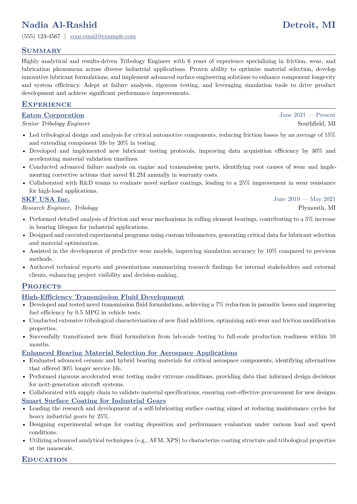 Tribology Engineer Resume Example CV template - Page 1