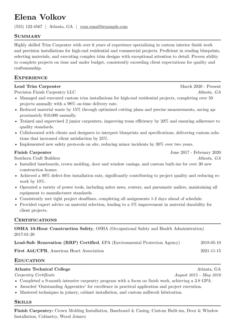 Trim Carpenter Resume Example CV template preview
