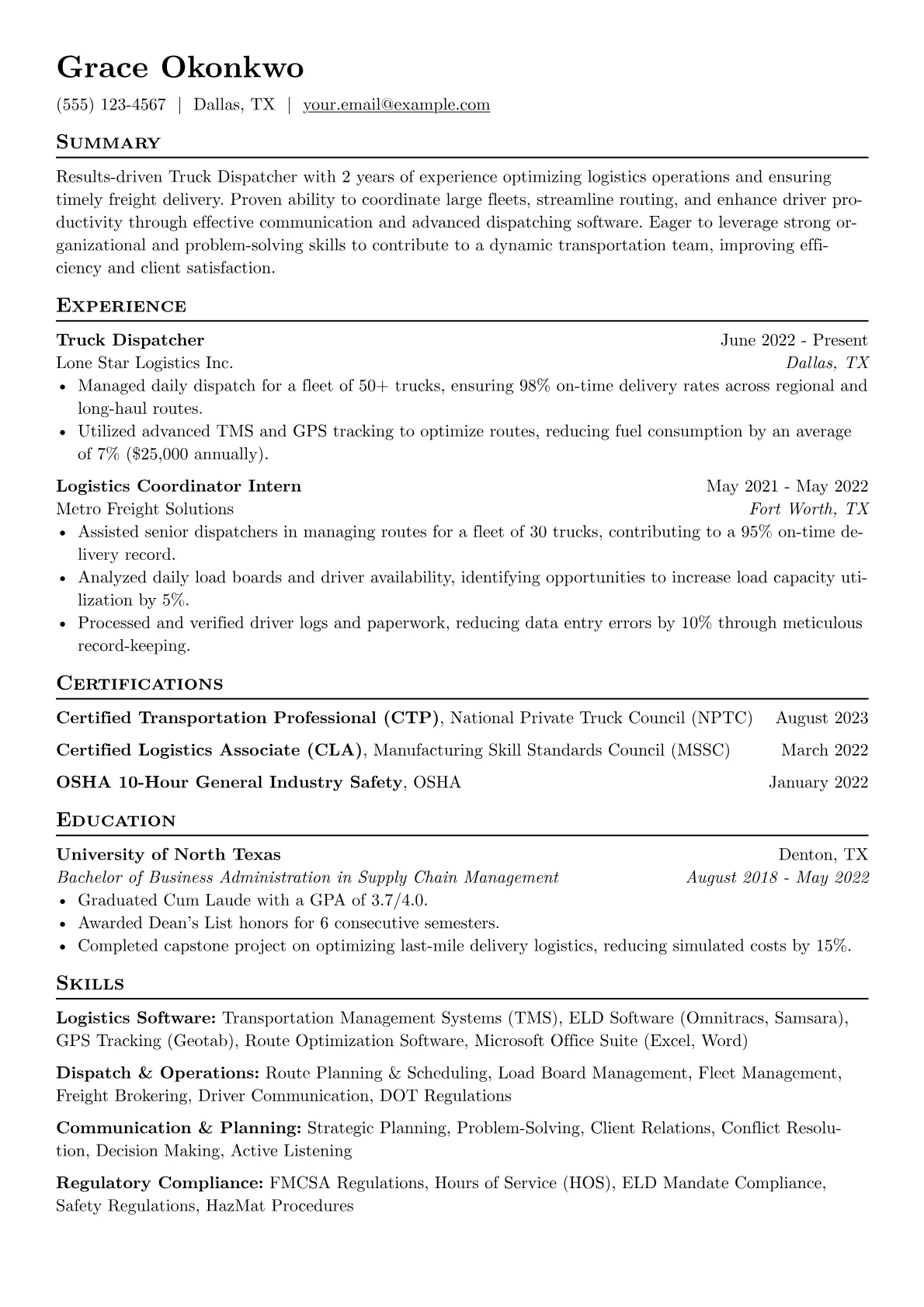 Truck Dispatcher Resume Example CV template - Page 1