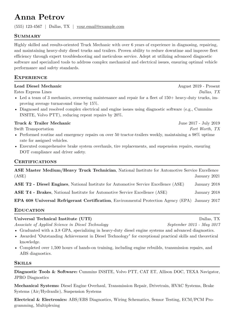 Truck Mechanic Resume Example CV template preview