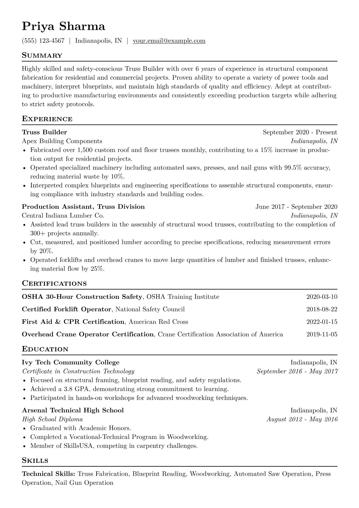 Truss Builder Resume Example CV template - Page 1