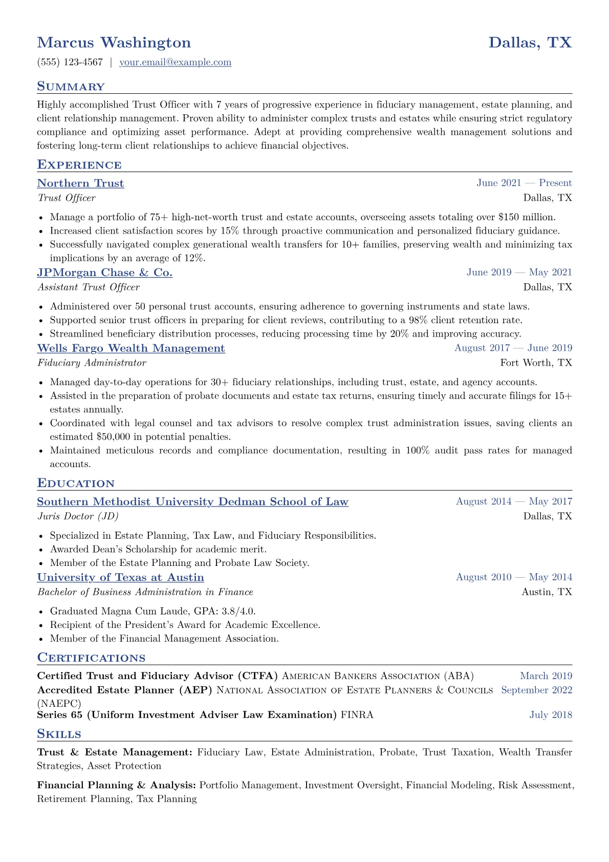 Trust Officer Resume Example CV template - Page 1