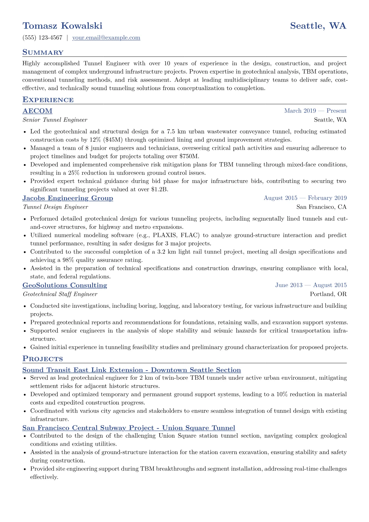 Tunnel Engineer Resume Example CV template - Page 1