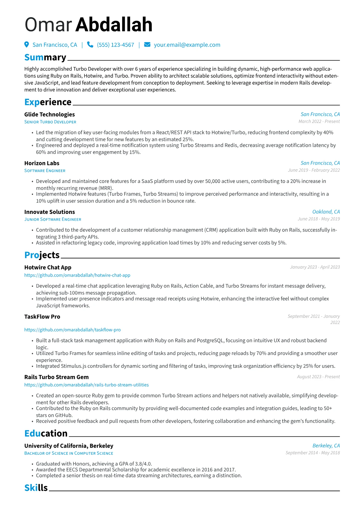 Turbo Developer Resume Example CV template - Page 1